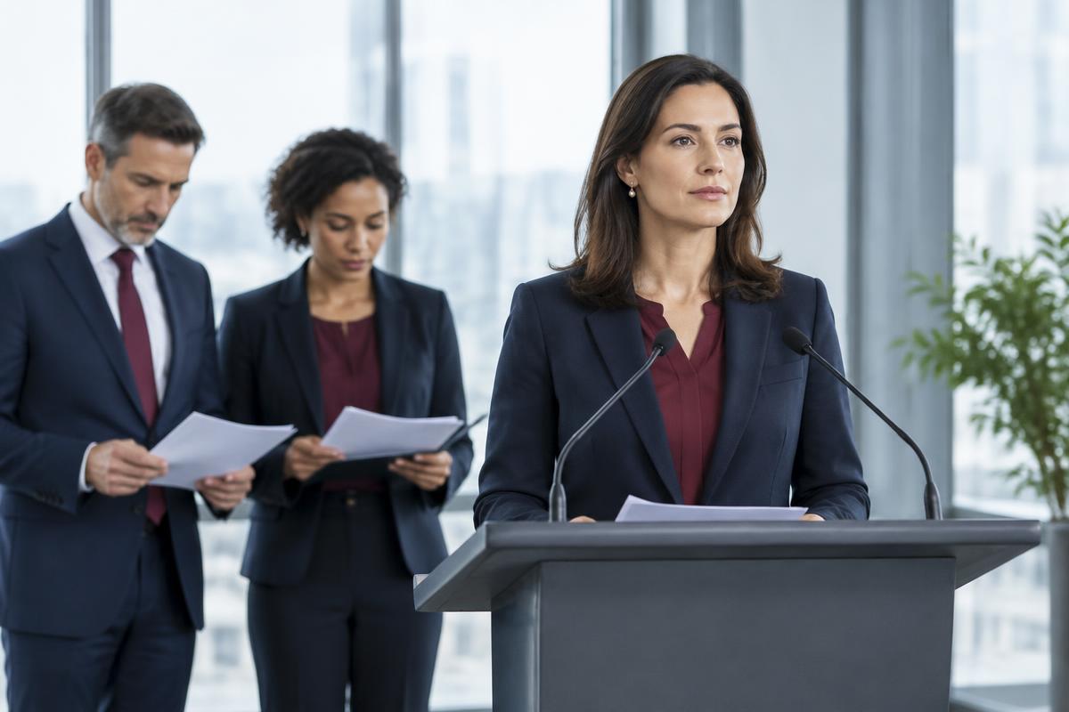 Corporate spokesperson preparing a press briefing