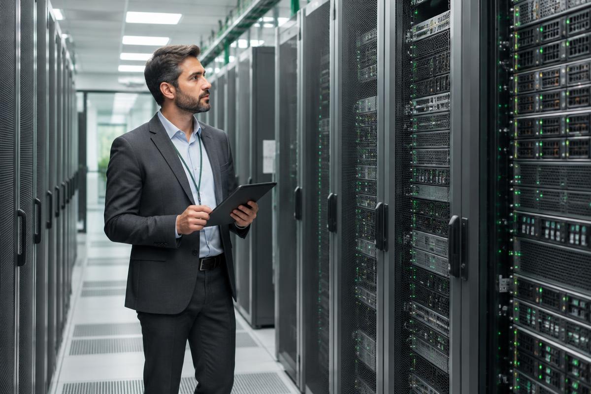 Systems engineer inspecting enterprise server racks
