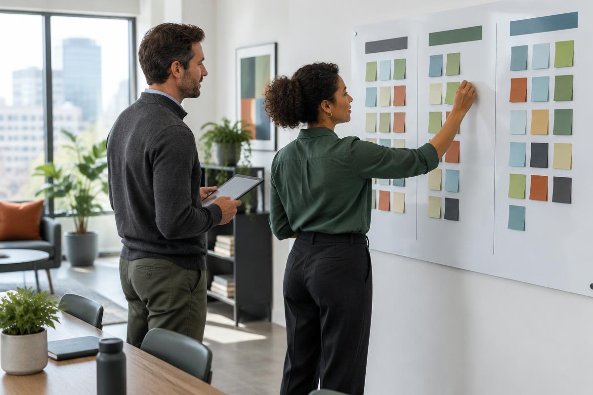 Project managers organizing an agile planning board