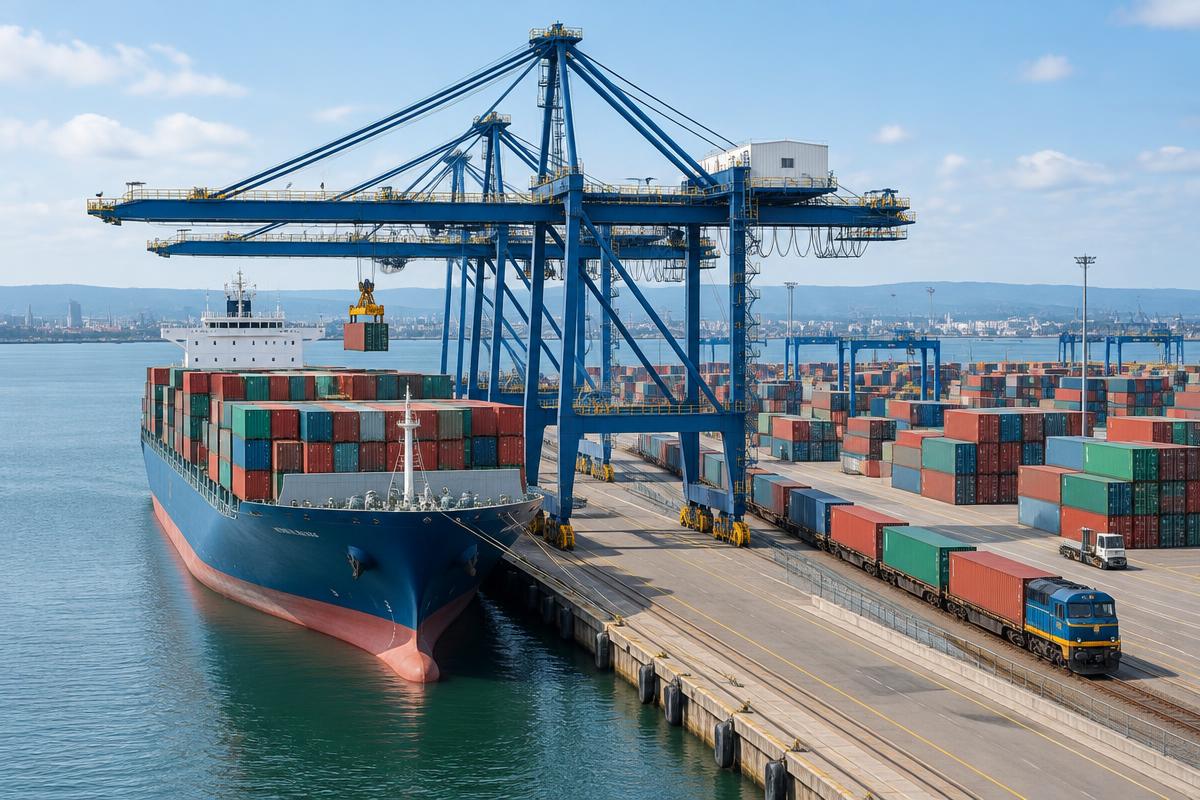 Container ship, freight train, and cranes at an international port